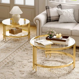 okwish Couchtisch mit Glasplatte Metallgestell Wohnzimmer 80x 80x 45cm Gold