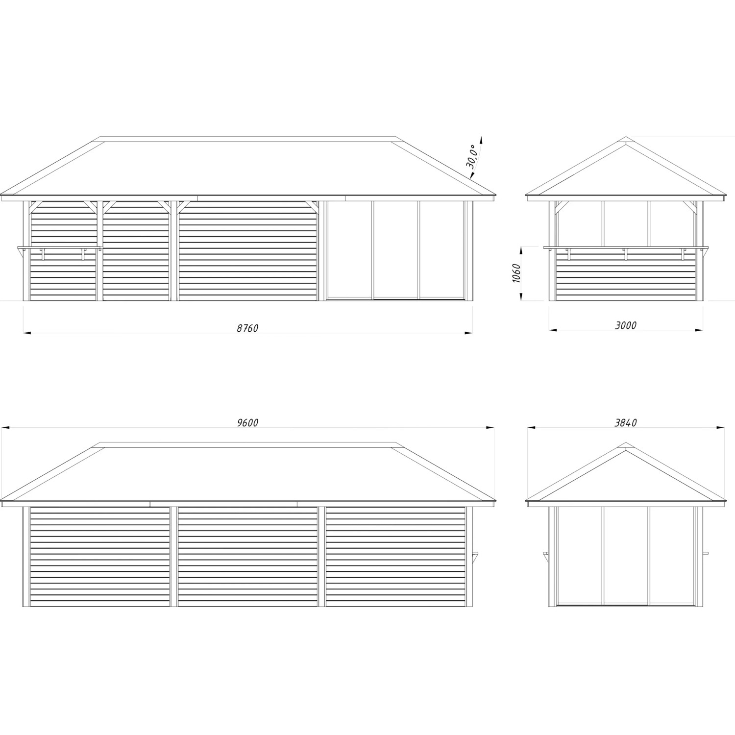 Technische Zeichnung Palmako Pavillon Bianca Set216, 876x300cm, graue Tauchgrundierung, Seiten- und Frontansicht mit Maßen.