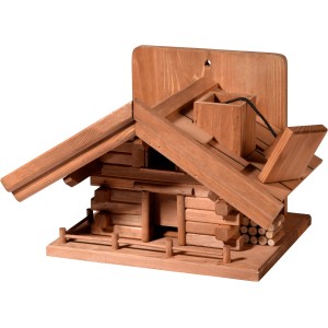 Braun gebeiztes Vogelhaus im Berghütten-Design aus FSC®-Holz, 33x24,5x21 cm. Vogelfutterspender.