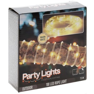 Verpackung der LED-Lichterkette mit 100 warmweißen LEDs, ideal für stimmungsvolle Beleuchtung.