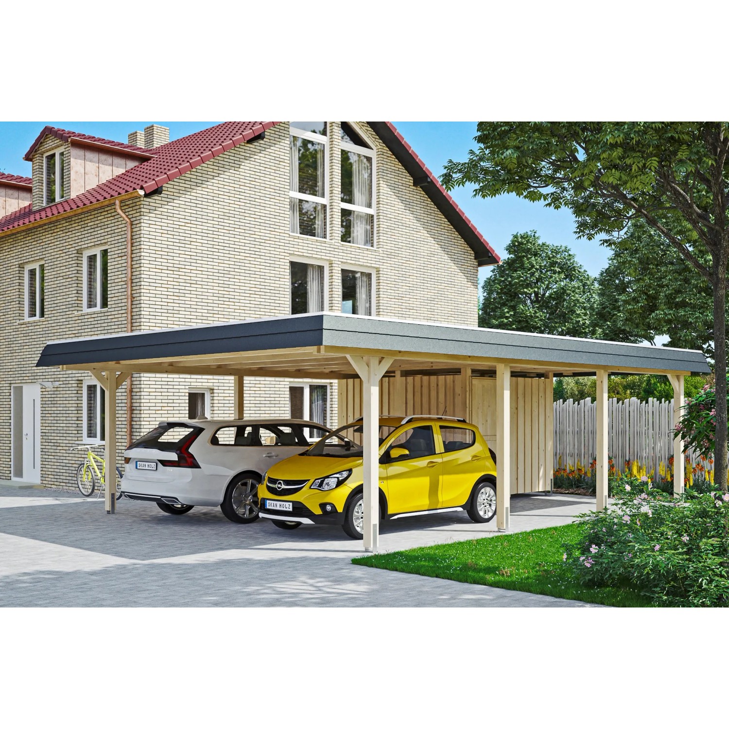 Skan Holz Doppelcarport Wendland Natur mit Anbau und zwei geparkten Autos.