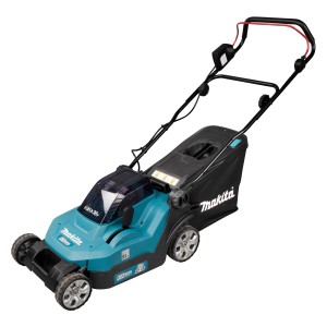 Makita Akku-Rasenmäher DLM382CM2 mit 2x 18V Akku und Grasfangkorb.