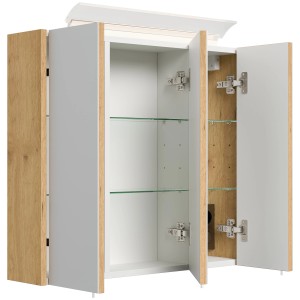 Posseik Spiegelschrank 70 cm Eiche Gold mit LED-Lampe und Glasböden, offene Türen.