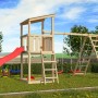 Karibu Spielturm mit Pultdach, Doppelschaukel, Klettergerüst und roter Rutsche im Garten.