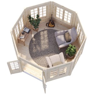 Innenansicht des unbehandelten Palmako Holz-Pavillon Veronica 7 mit Möbeln und Pflanzen.