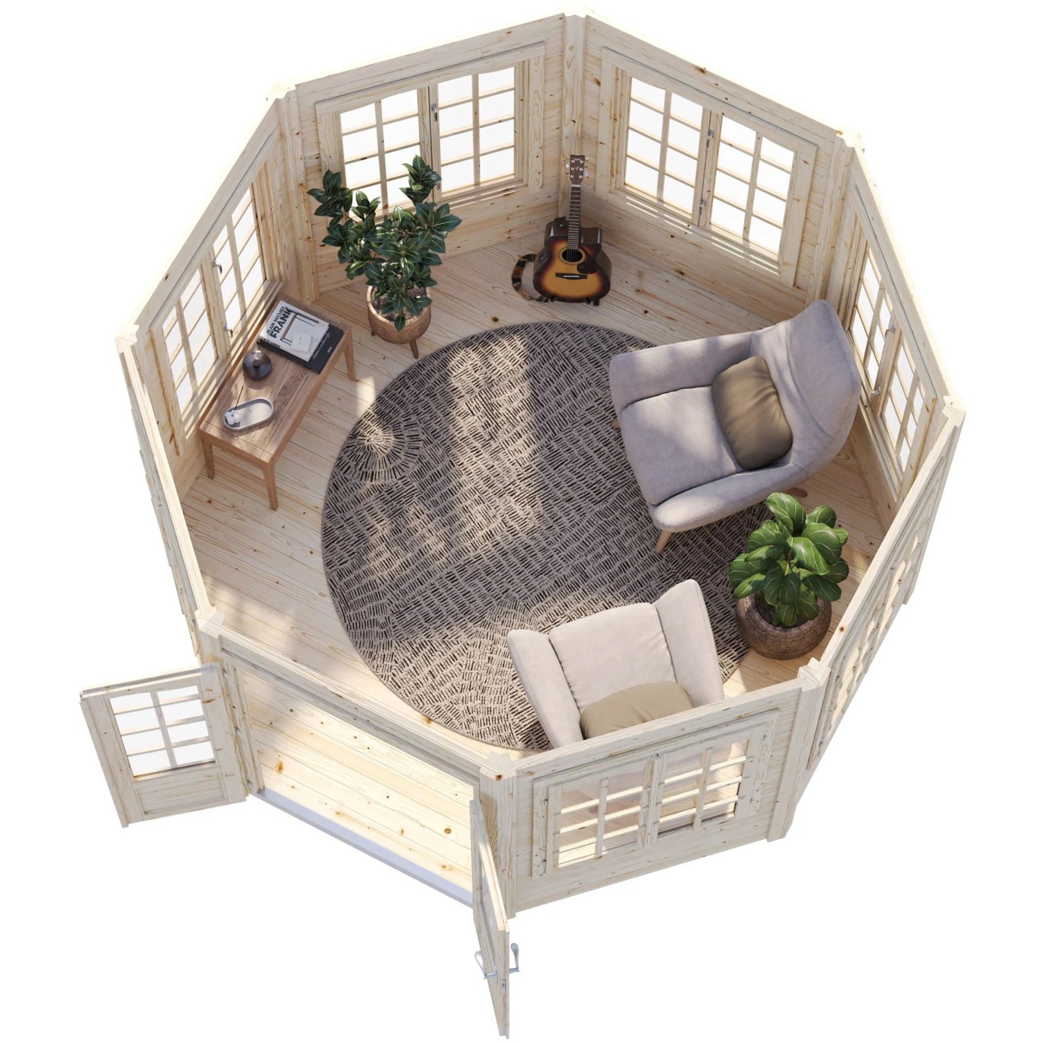 Innenansicht des unbehandelten Palmako Holz-Pavillon Veronica 7 mit Möbeln und Pflanzen.