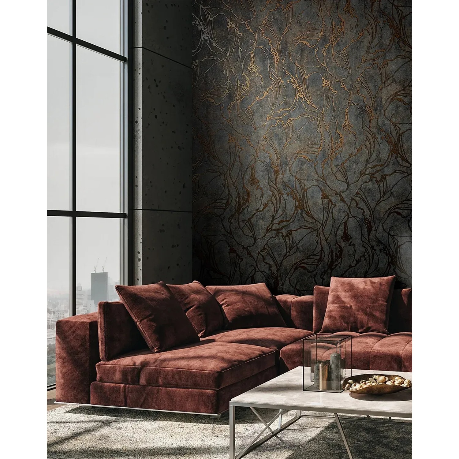 Marburg Vliestapete mit Linien Grafik in Schwarz und Kupfer im Wohnzimmer.