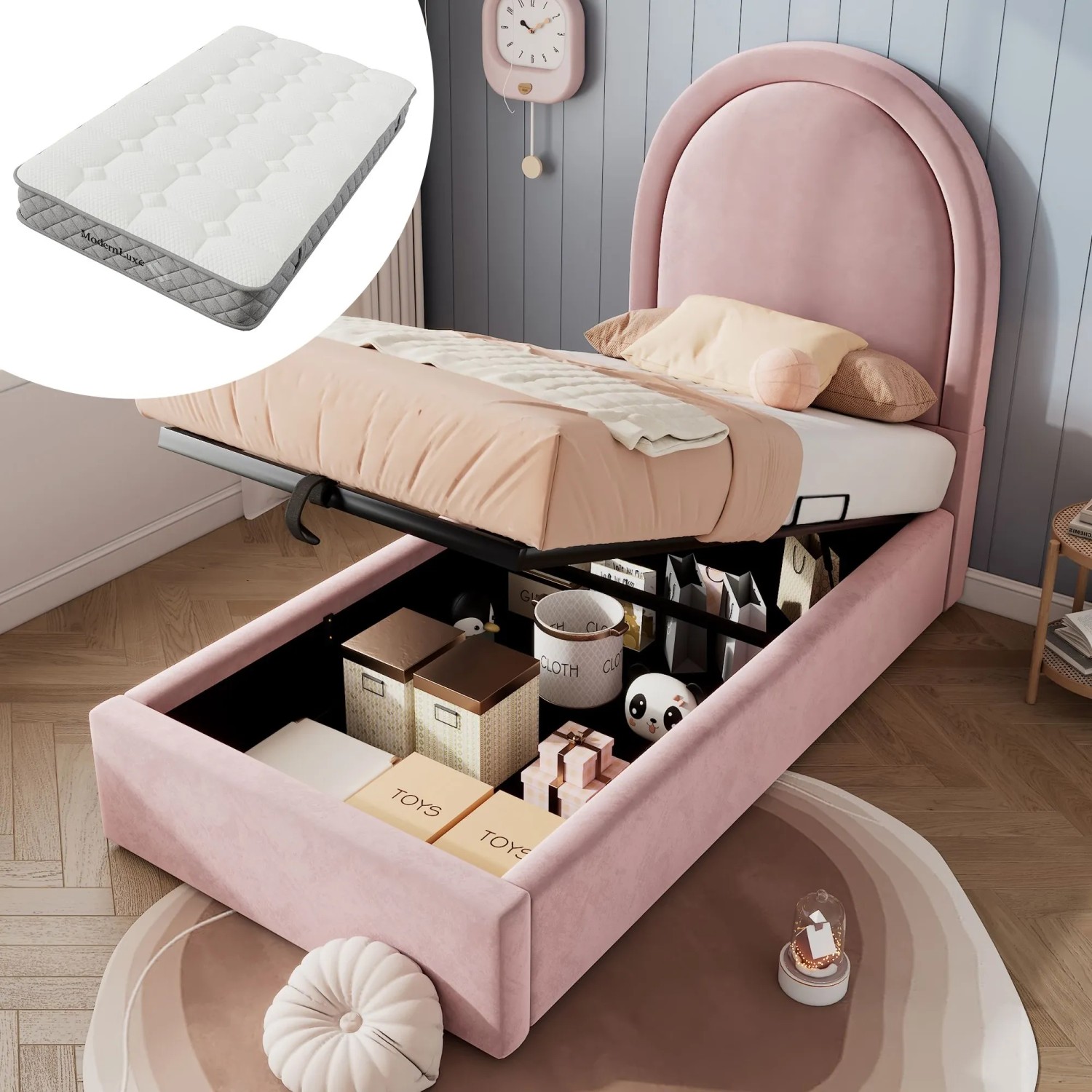 okwish Polsterbett 90x200cm mit Samt Kinderzimmer Rosa mit Matratze_3