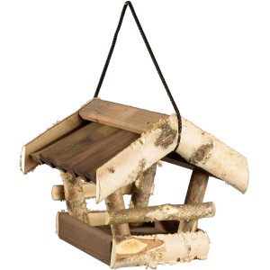 Kleines Vogelfutterhaus aus Birke und Pinie, naturbelassen, mit Kordel zum Aufhängen.