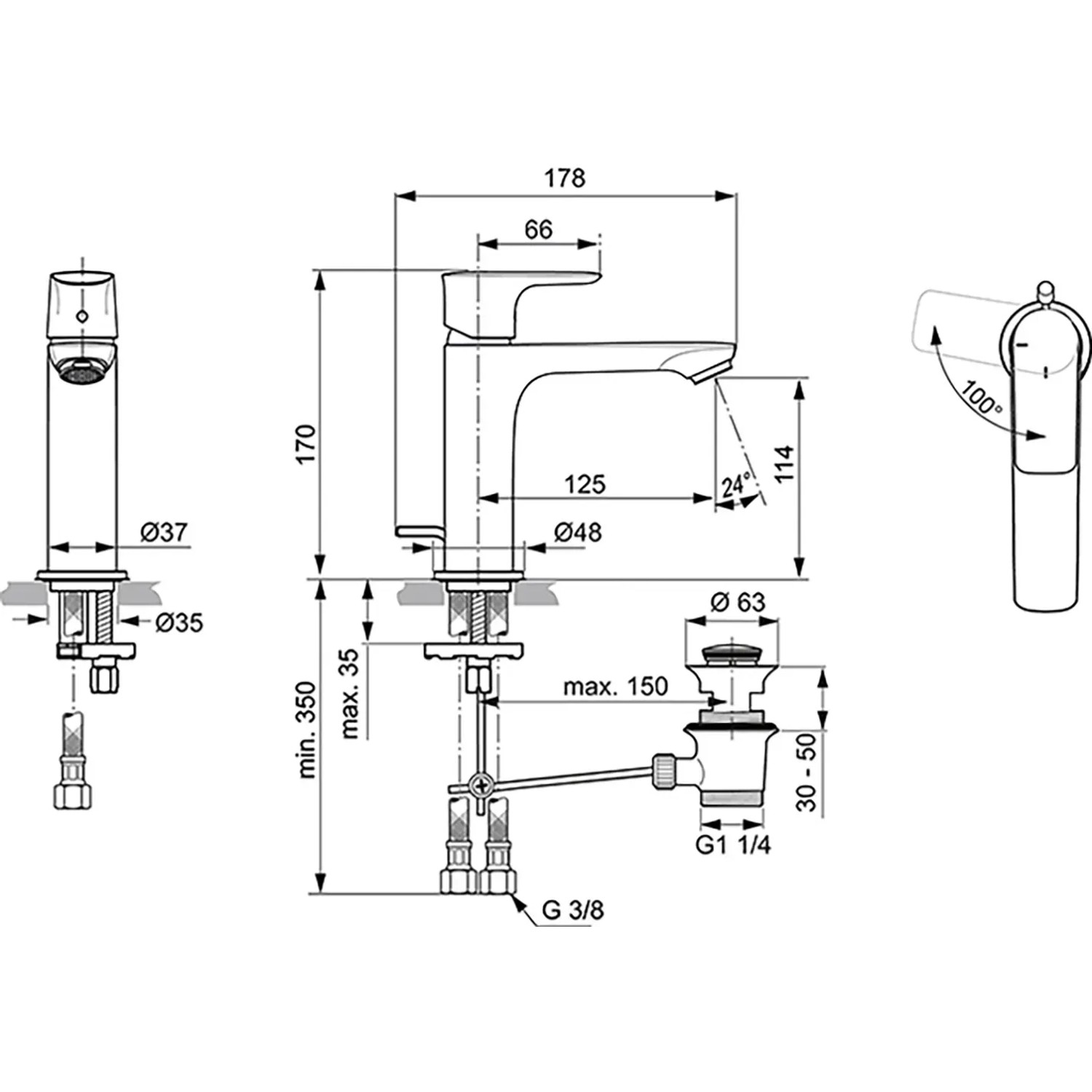 Technische Zeichnung: Ideal Standard Connect Air Waschtischarmatur, Maße und Details.