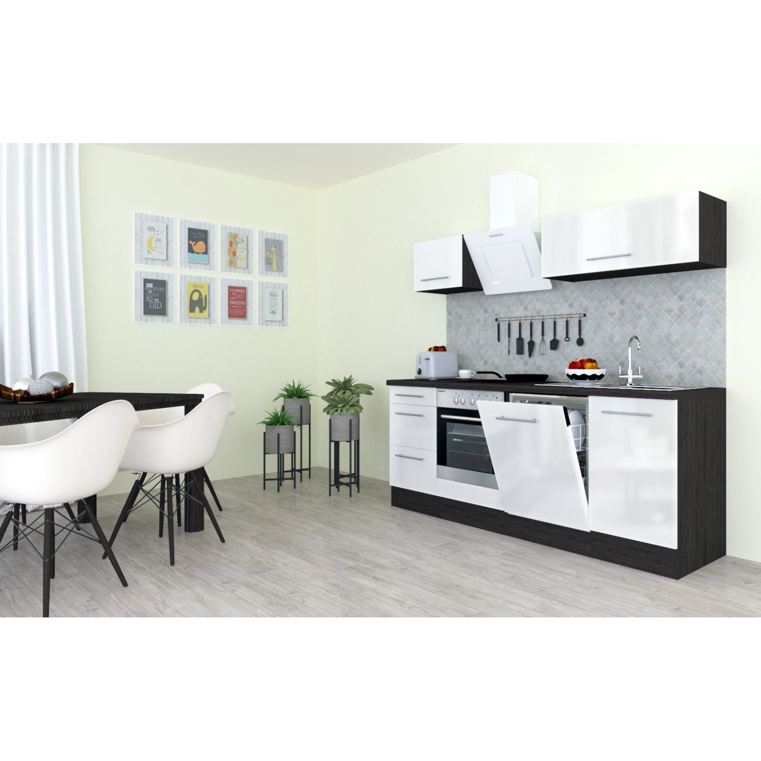 Respekta Premium Küchenzeile, 220 cm, Weiß Hochglanz/Eiche Grau, mit E-Geräten und Geschirrspüler.