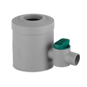 Arves Regensammler in Grau mit grünem Absperrhahn für Fallrohre.