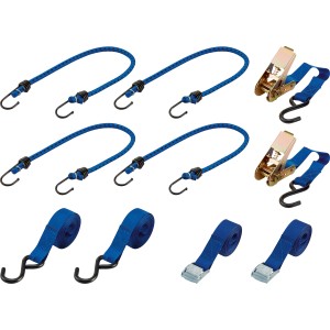 8-teiliges Ladungssicherungs-Set mit Spanngurten, Haken und Ratschen zur Ladungssicherung.