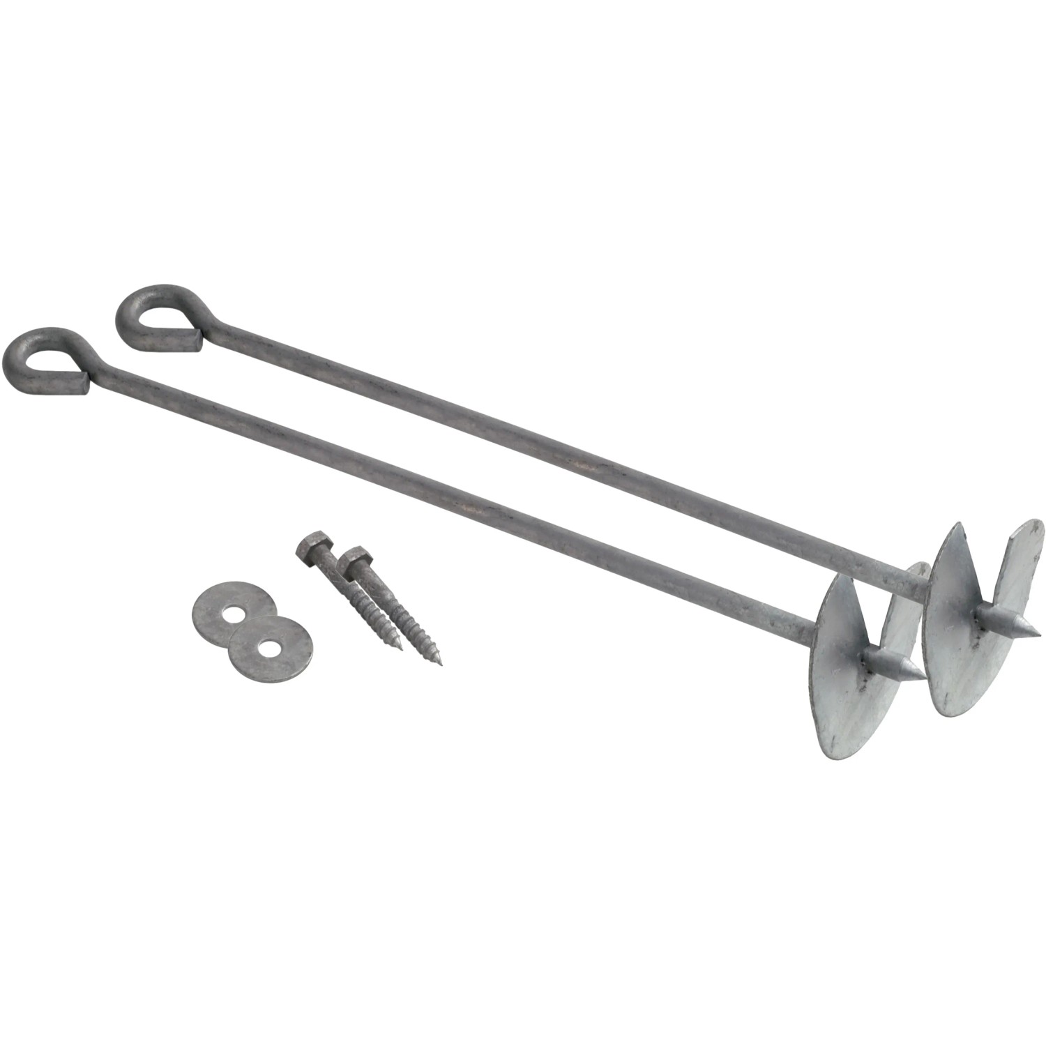 Bodenanker-Set für AXI Schaukel, bestehend aus zwei Erdankern, Schrauben und Unterlegscheibe.
