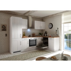 Respekta Winkelküche im Landhausstil, 280x172 cm, Lärche Weiß Nachbildung mit E-Geräten.