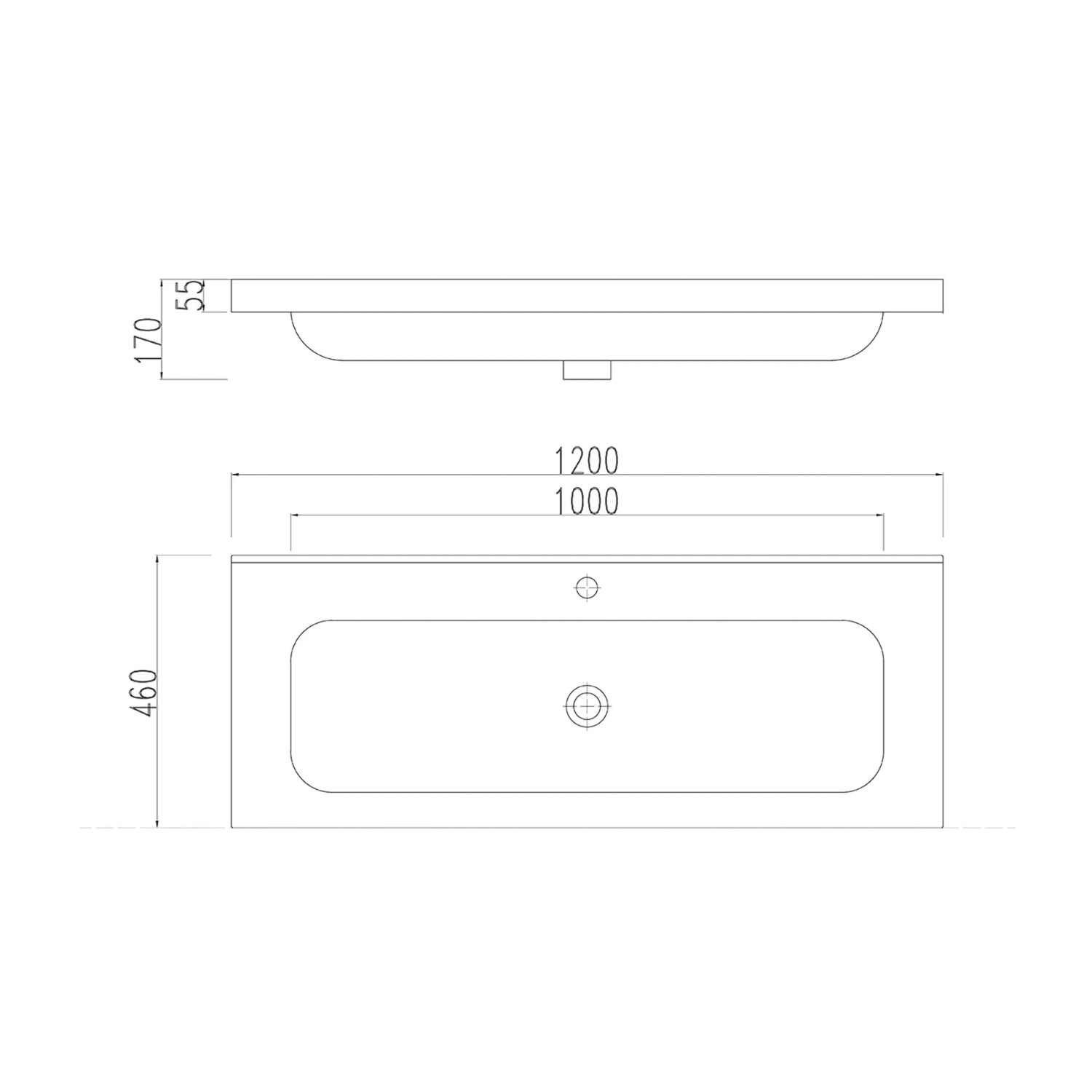 Skizze: Posseik Badmöbel Fellini 120, grafit, mit Maßen. Badmöbel-Set mit grifflosen Schubladen.