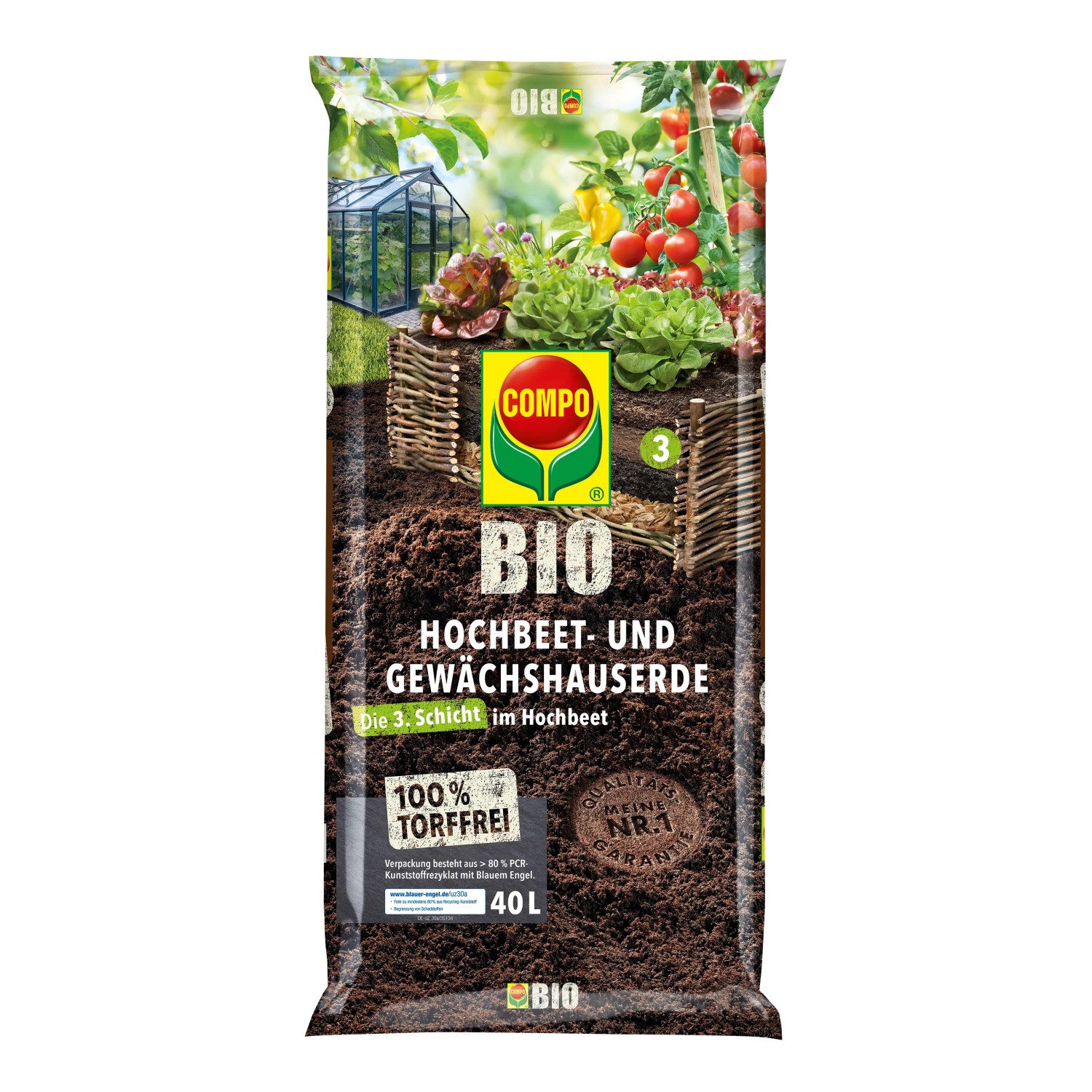 Sack Compo Bio Hochbeet- und Gewächshauserde, torffrei, 40L. Ideal für Gemüse und Kräuter im Hochbeet.