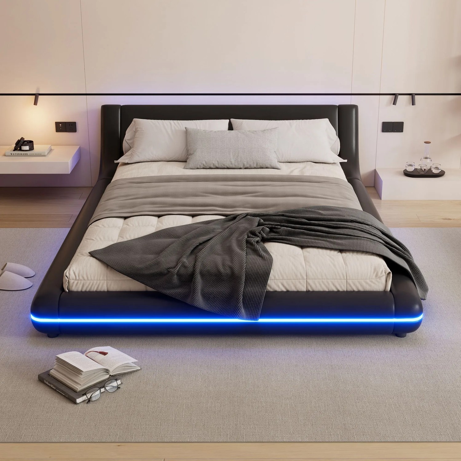 okwish Bodenbett 140x200cm mit LED Beleuchtung Schlafzimmer Schwarz ohne Matratze_3