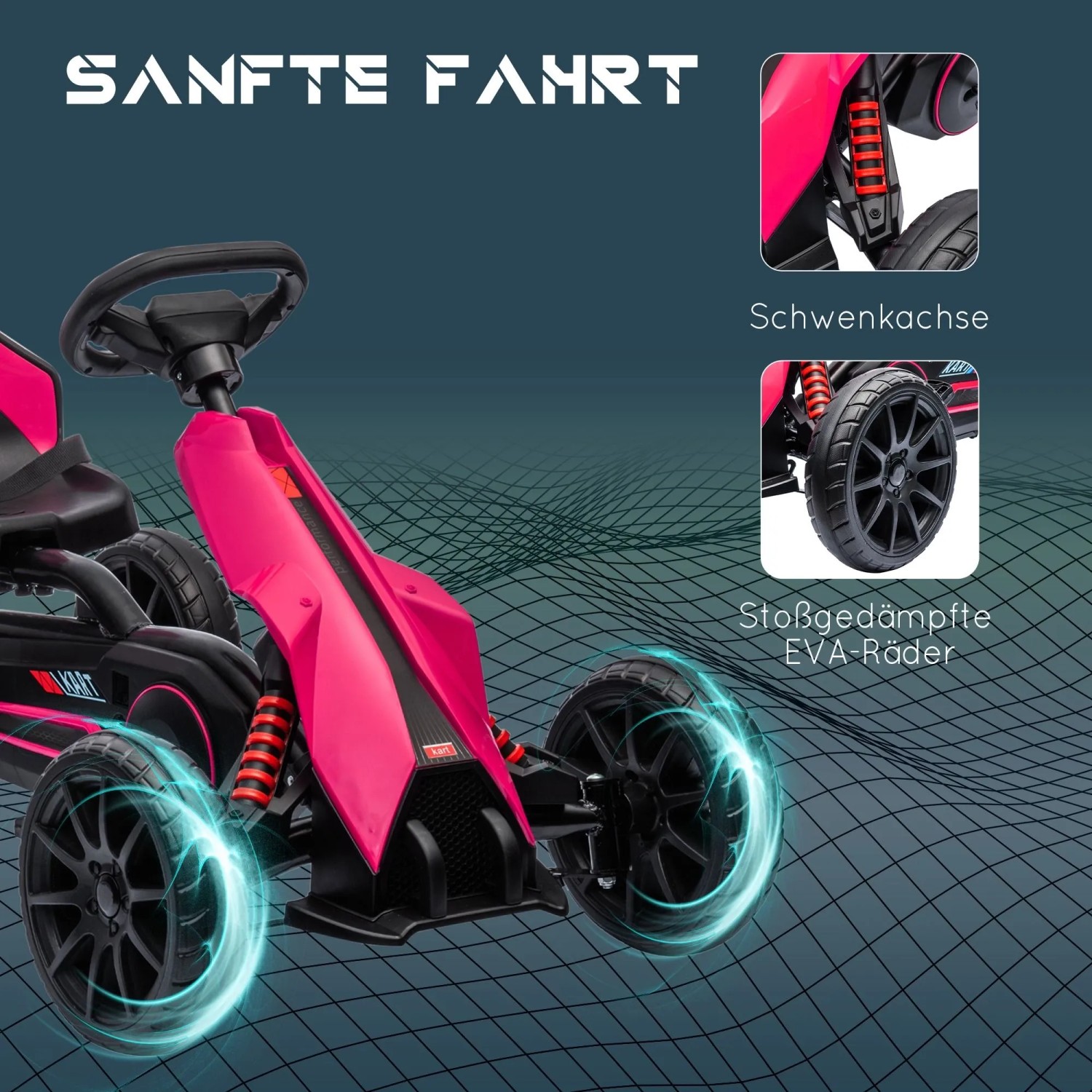 Pink-schwarzes HOMCOM Go-Kart für Kinder mit Pedalantrieb, verstellbarem Sitz und stoßgedämpften EVA-Rädern für sanfte Fahrt.