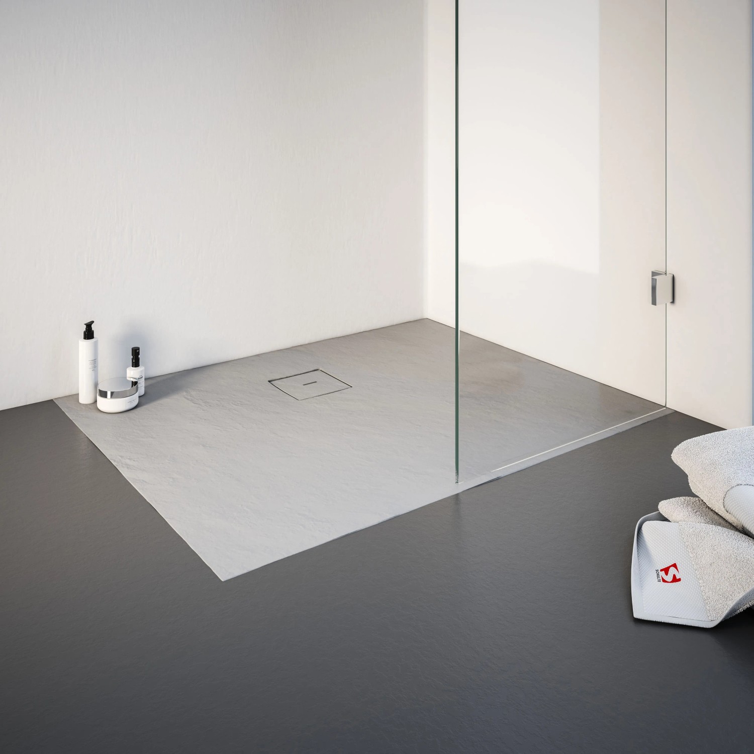 Rechteckige, graue Schulte Duschwanne ExpressPlus (100x80 cm) mit Ablauf und Steinoptik im modernen Badezimmer.