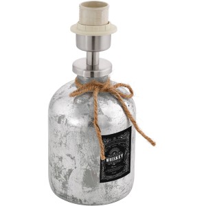 Eglo Tischleuchte Mojada im Whiskey-Flaschen-Design, silbernes Glas mit Juteband.