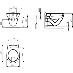 Technische Zeichnung: Ideal Standard Eurovit Wand-WC, Abmessungen in mm.