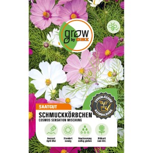 Samenpackung GROW by OBI Schmuckkörbchen 'Cosmos Sensation' mit rosa, weißen und purpurnen Blüten.