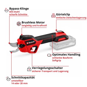 Einhell Akku-Astschere GP-LS 18/28 Li BL-Solo: Gartenschere mit Akku, rotem Gehäuse und Bypass-Klinge.