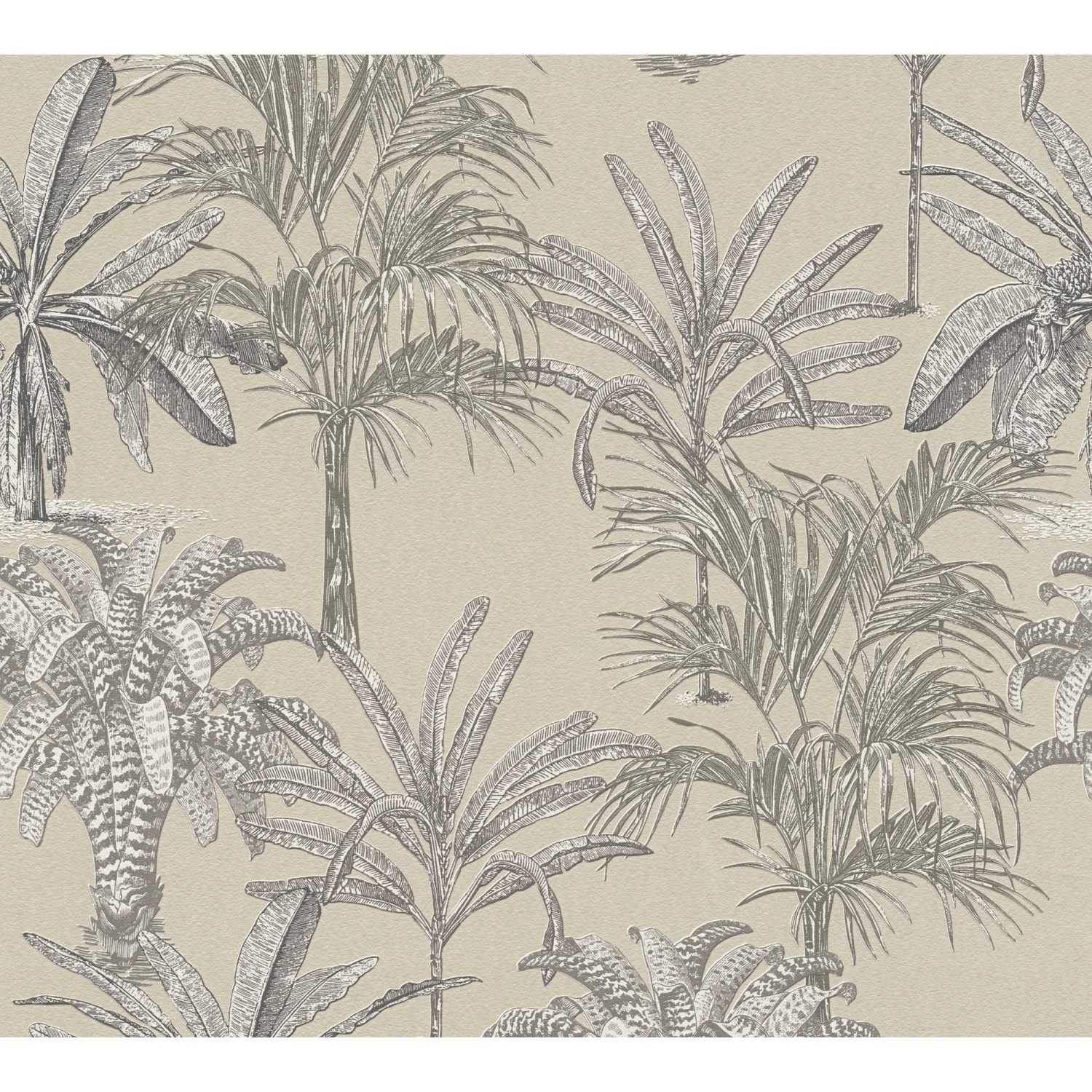 Michalsky Living Vliestapete Change mit Palmenmuster in Beige und Grau.