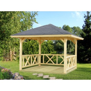 Palmako Holz-Pavillon Betty, naturbelassen, 300x300 cm, ohne Fußboden. Gartenlaube aus Fichtenholz mit schwarzem Dach.