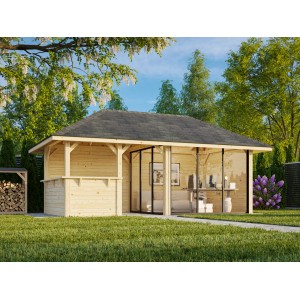Palmako Pavillon Bianca Set, 588x300 cm, weiß lackiert. Weekendhaus mit Schiebetüren und Tresen.