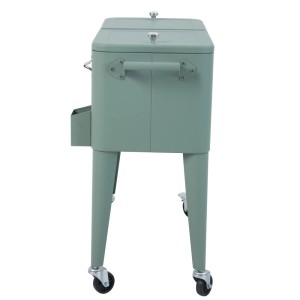 Grüne Best Kühlbox Icy auf Rädern, Metallgehäuse, Flaschenöffner, seitlicher Korb für Garten & Strand.