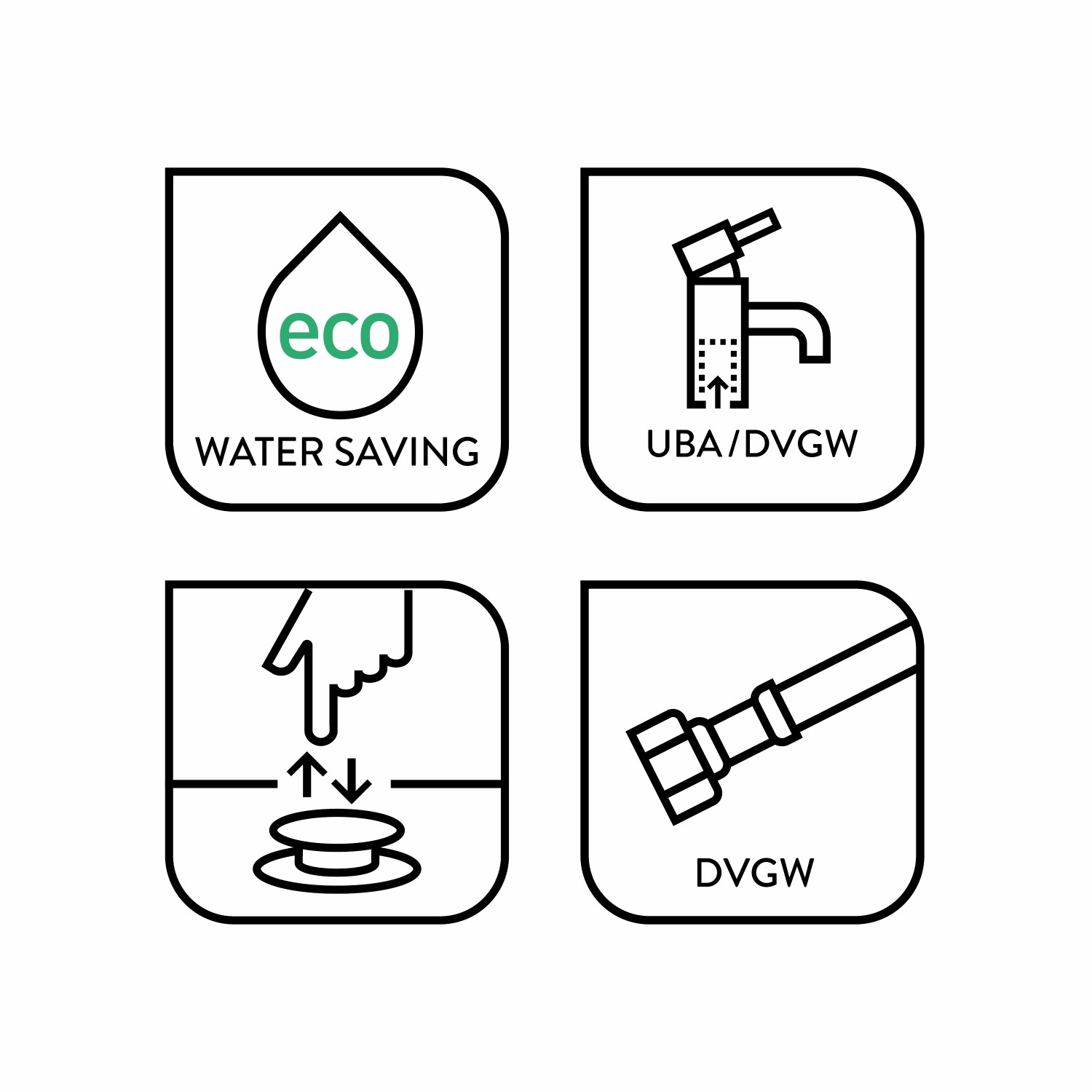 Icons der baliv Waschtischarmatur WT-170: Wassersparfunktion, UBA/DVGW, Pop-up Ventil, DVGW.