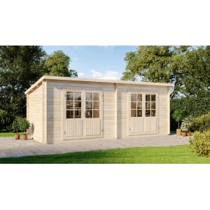 Unbehandeltes Alpholz Gartenhaus Maria Twin mit Pultdach, 578x224 cm, im Garten.