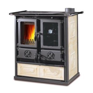 La Nordica Küchenofen Rosetta Keramik Creme 7,9 kW mit Kochplatte und Backofen.