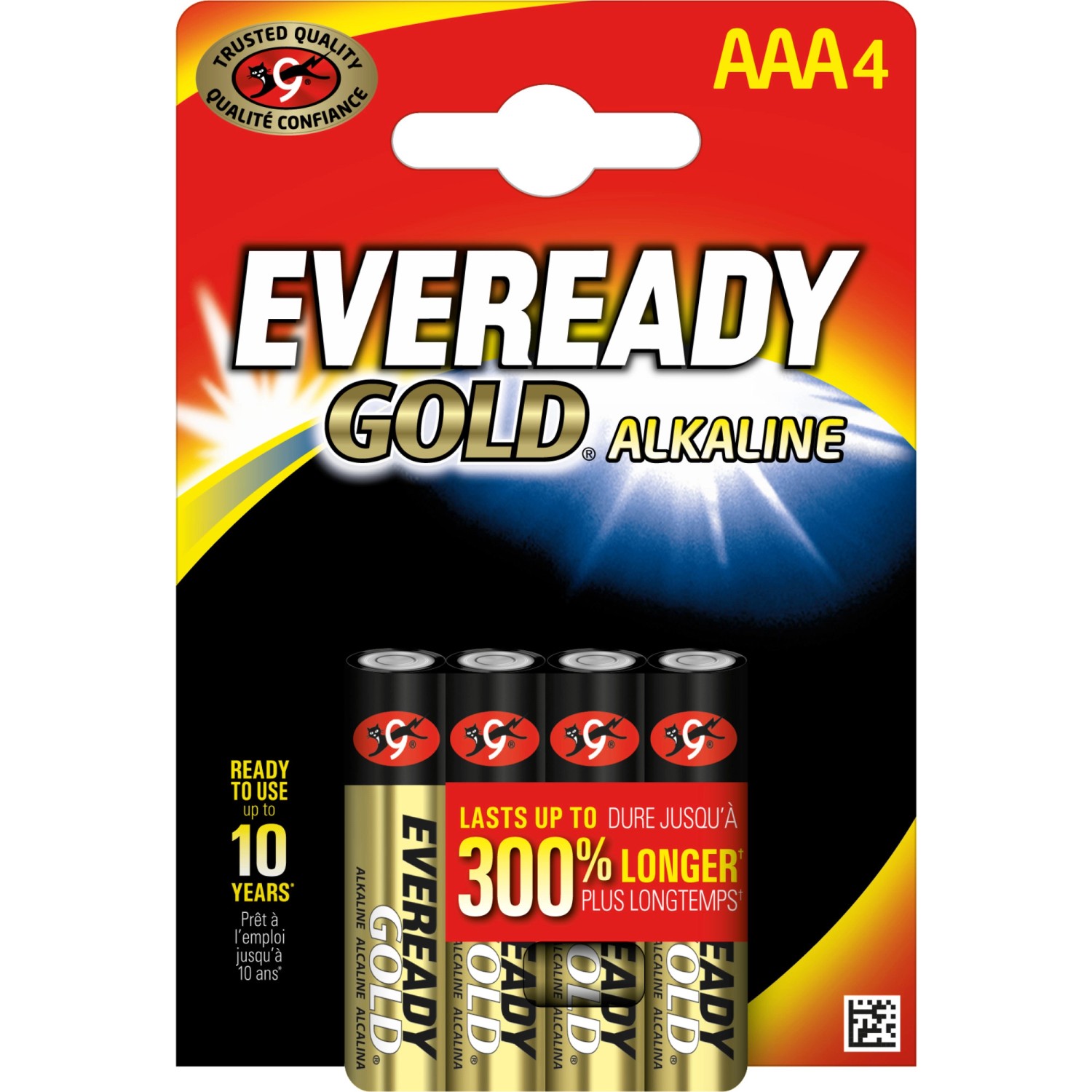 4er-Pack Eveready Gold AAA Batterien, Alkaline, für Spielzeug und Fernbedienungen.