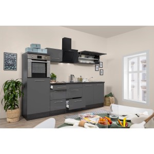 Respekta Premium Küchenzeile 270 cm in Grau Hochglanz und Eiche Grau mit E-Geräten.