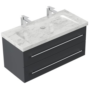 Posseik Badmöbel-Set Yamo, 100 cm, Grafit, mit Marmor Carrara Waschbecken und zwei Hahnlöchern.
