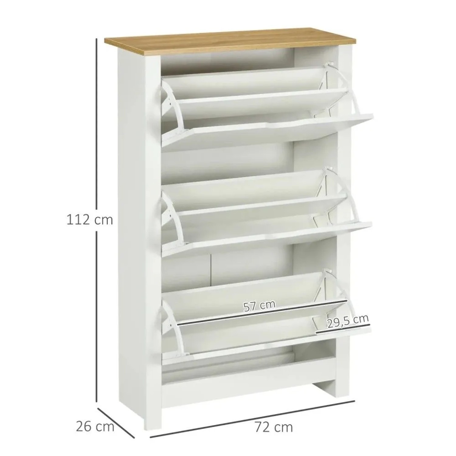 Weißer Schuhschrank mit 3 Klappen und Holzplatte, Maße 72x26x112 cm.