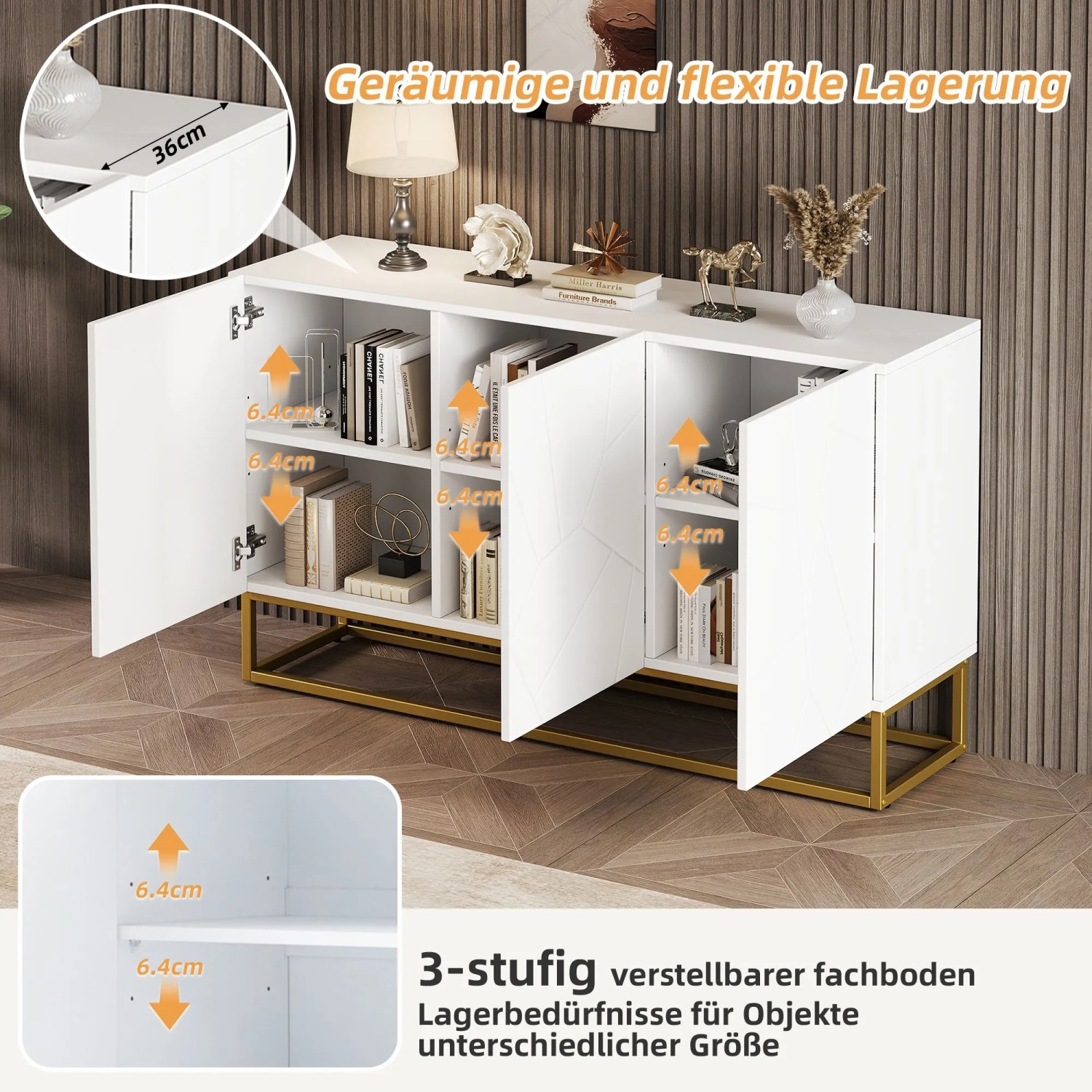 okwish Sideboard mit 4 Fächern Stauraum Esszimmer 130x38x76cm Weiß_7