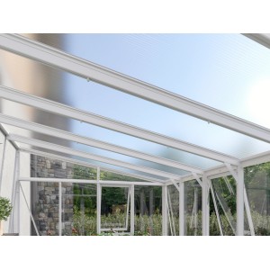 Detailaufnahme des weißen Vitavia Pavillon-Nachrüstsatzes für Gewächshaus Helena 10200.