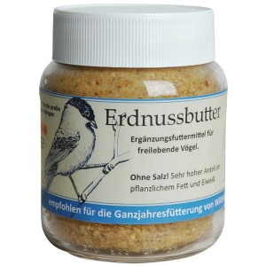 Glas Erdnussbutter (360g) für Wildvögel, ohne Salz, reich an Fetten und Proteinen.