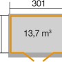 Grundriss weka Gartenhaus 218, Größe 2, mit Maßangaben 301 x 205 cm und Volumen 13,7 m³.