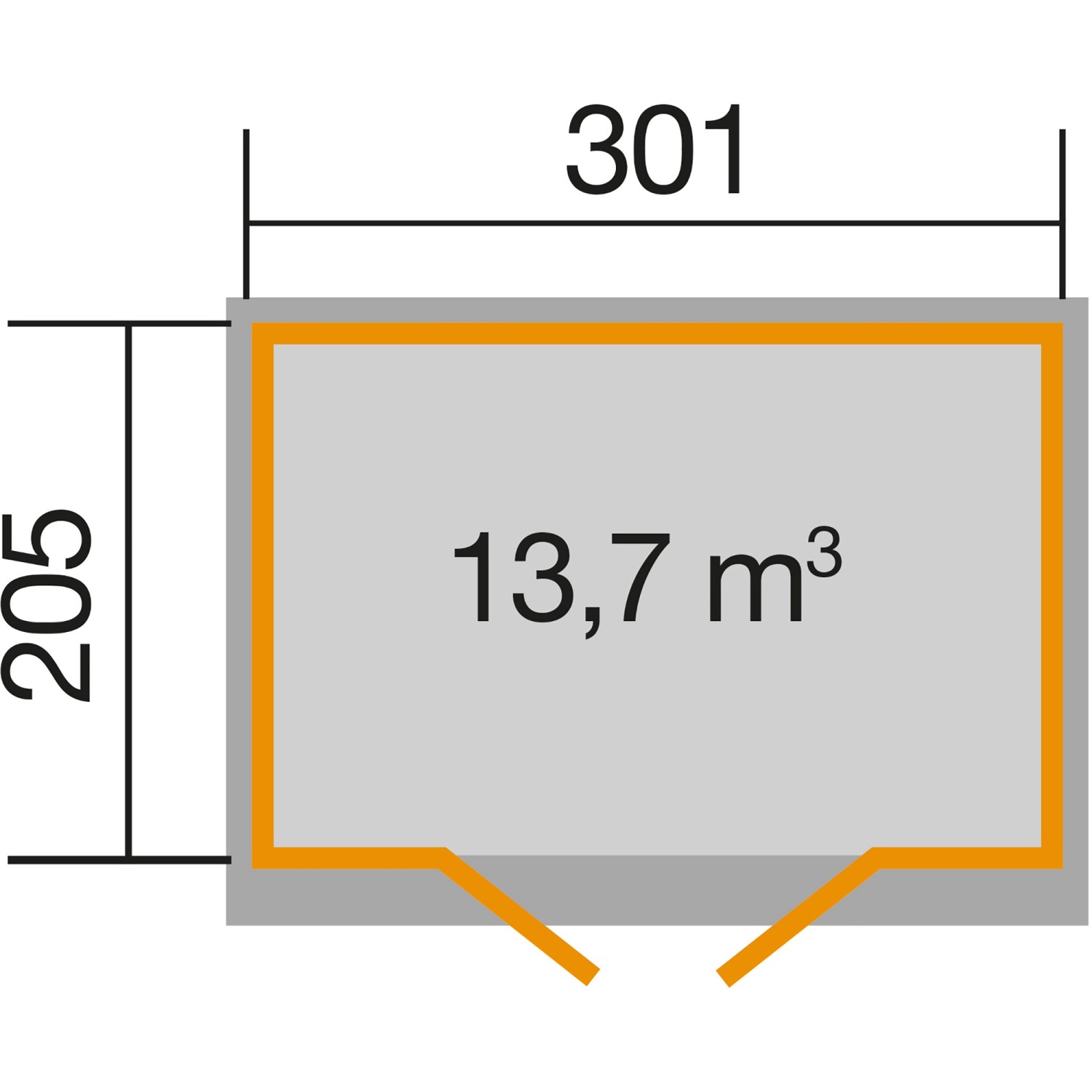 Grundriss weka Gartenhaus 218, Größe 2, mit Maßangaben 301 x 205 cm und Volumen 13,7 m³.