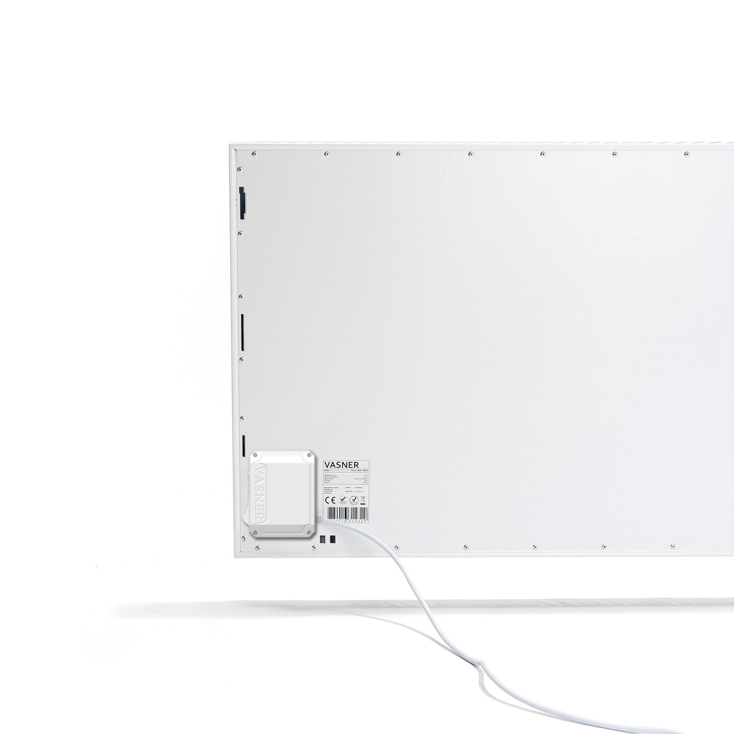 Rückansicht der weißen Vasner Konvi RX 600W Hybrid-Infrarotheizung mit Netzkabel.
