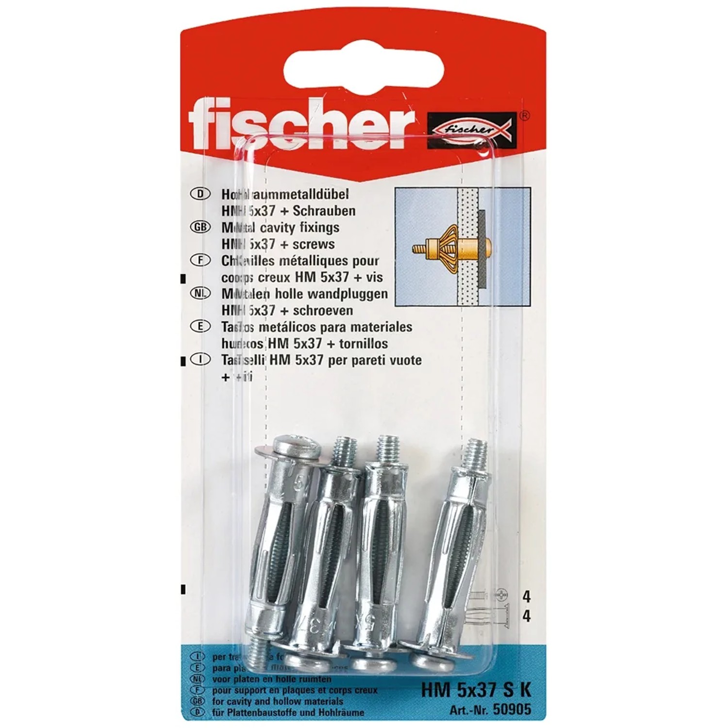 Fischer Hohlraumdübel HM 5x37 SK, 4 Stück, aus Metall mit Schrauben für Gipskarton und Hohlräume.
