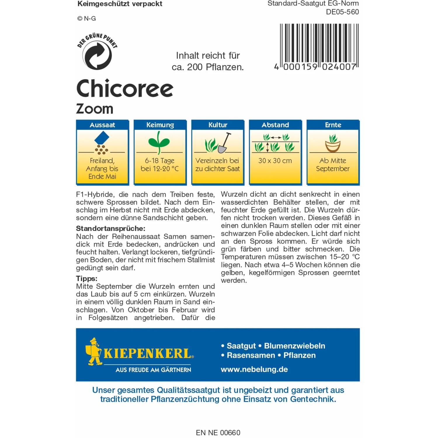 Kiepenkerl Chicoree Zoom F1-Hybride Samenpackung für ca. 200 Pflanzen.