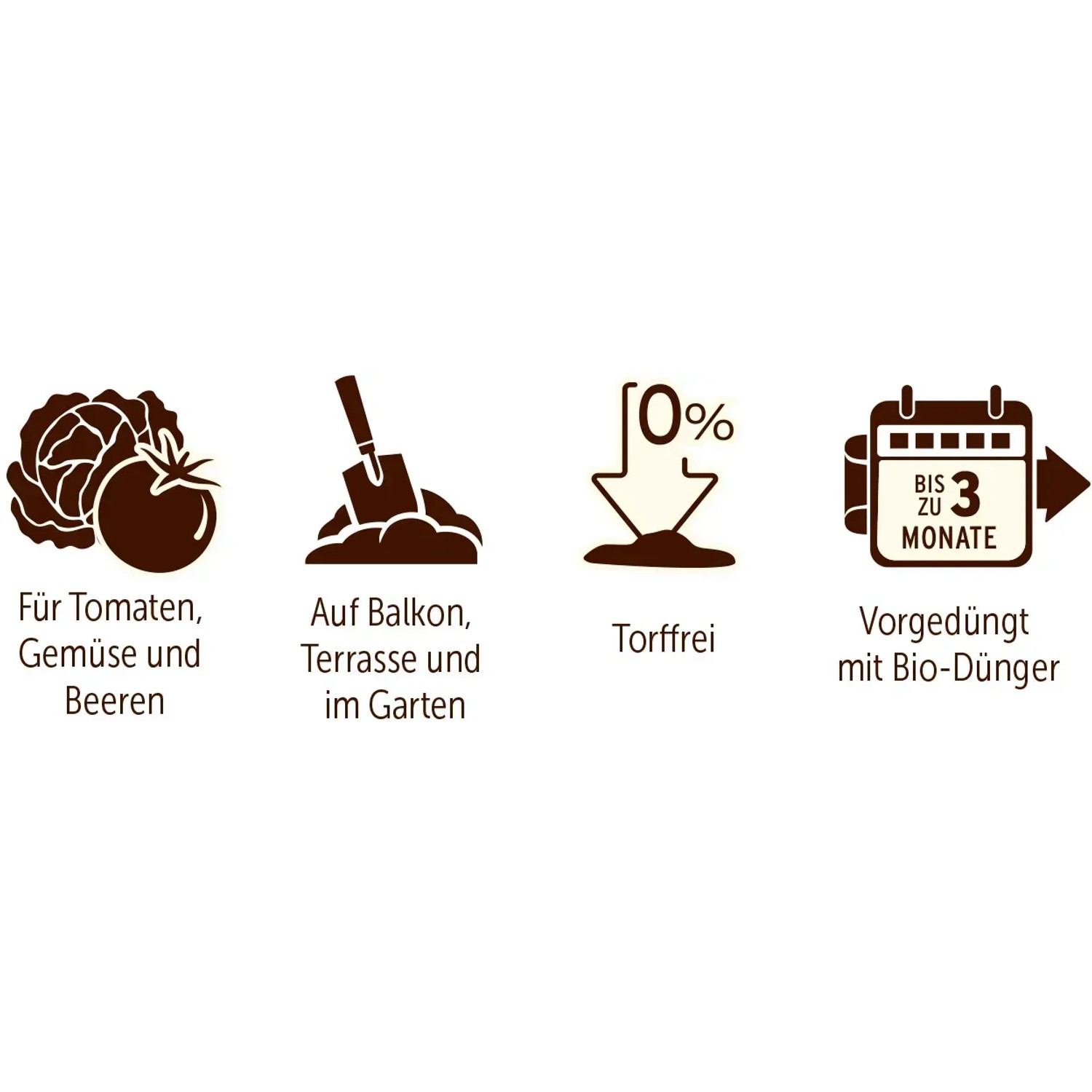 Symbole: Gemüse, Schaufel, Torffrei-Zeichen, Kalender. Substral Naturen Tomatenerde ist torffrei und vorgedüngt.