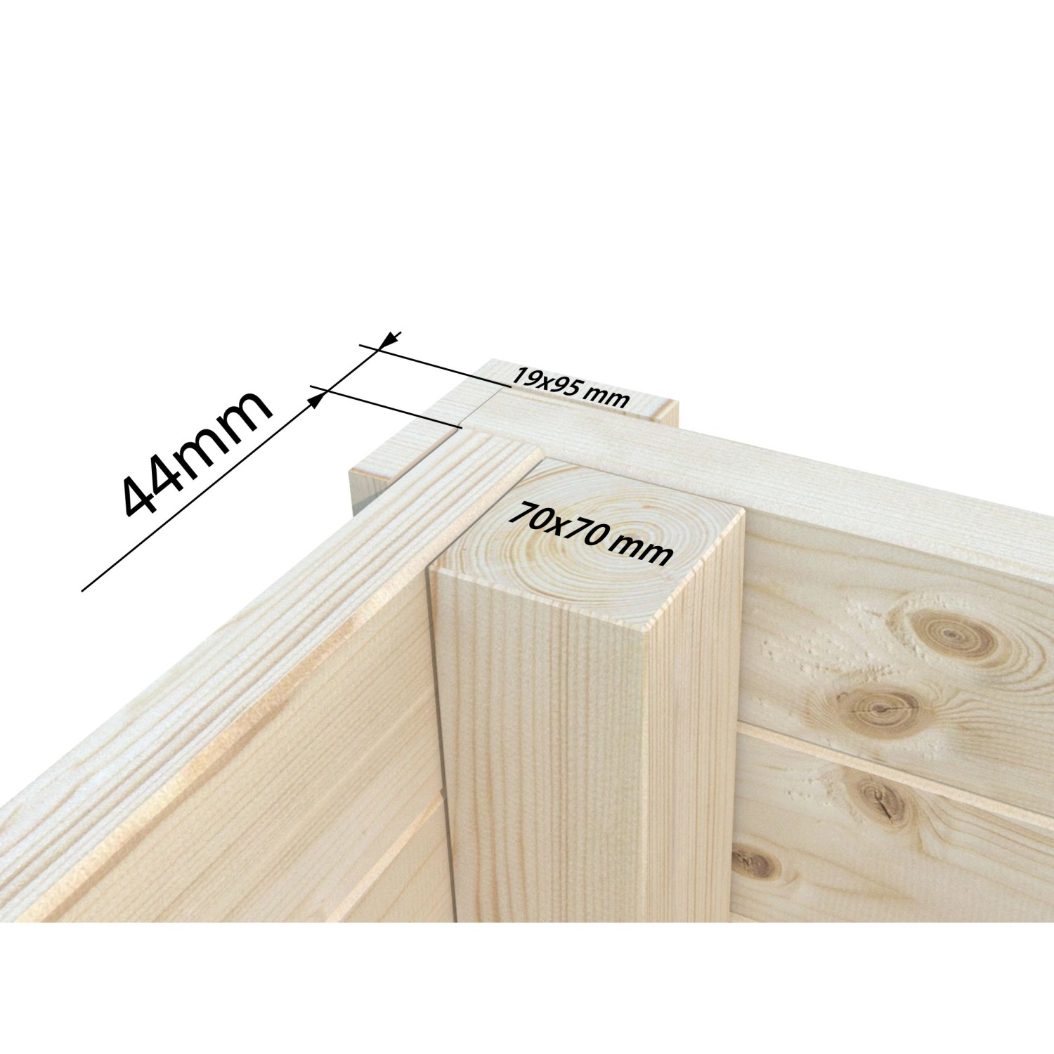 Detailaufnahme: Eckverbindung des Palmako Gartenhauses Amanda aus naturbelassenem Fichtenholz.