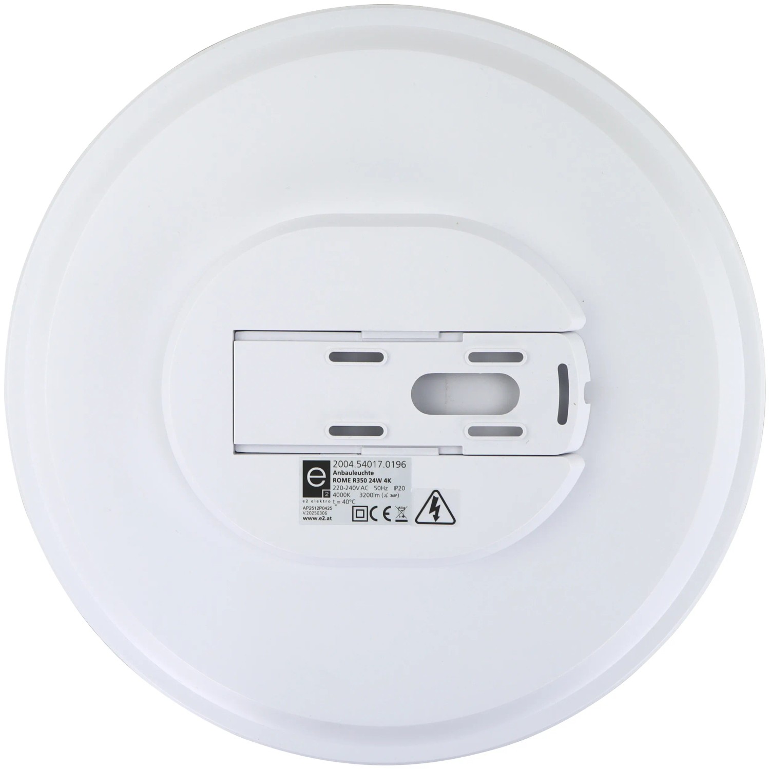 Rückseite der runden, weißen E2 Elektro LED Deckenleuchte Rome R 350 mit Montageplatte.